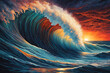 beautiful sunset centered on abstract large sea wave, symmetry painted intricate volumetric lighting creative