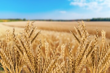 Canvas Print - ears golden fresh wheat at sunset field