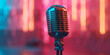 Retro microphone on stage with colorful lights background. Music concept.
