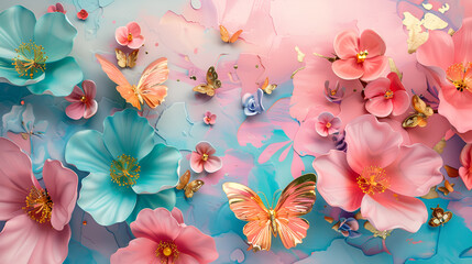 Wall Mural - fondo con textura resaltada con mariposas y flores en tonos pastel colores brillantes en un fondo pintado plantilla para invitaciones