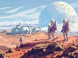 Vector illustration of a panoramic view of the Mars landscape, featuring futuristic habitats and astronauts on exploration missions