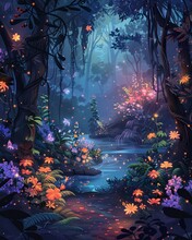 Whimsical Vector Illustration Of An Enchanted Garden At Dusk, Featuring Fairies, Glowing Flowers, And A Mystical Pond