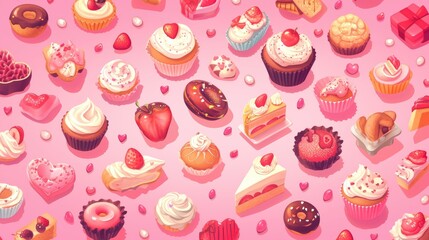 Sticker - Celebrate Valentine s Day with a delightful array of cartoon style glossy treats like cupcakes cakes tarts and donuts set against a charming pink backdrop This cartoon render is sure to swe