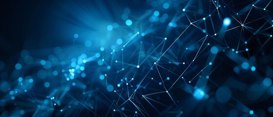 Abstract blue background with glowing connections, network lines on dark space for technology, science or data transfer concept banner