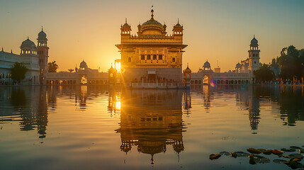 Wall Mural - a golden-hued architectural structure reflected in calm waters, with the sun setting gracefully in the background