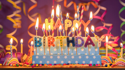 Wall Mural - Lit candles of different colors in the shape of letters forming the phrase HAPPY BIRTHDAY, against a purple out-of-focus background