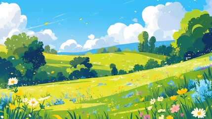 Wall Mural - Immerse yourself in a picturesque landscape featuring a flat forest adorned with meadows trees bushes and majestic mountains Behold a charming cartoon depiction of springtime green hills tee