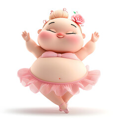 Wall Mural - Fat cute body positive ballerina in a pink dress, 3d illustration on a white background, for advertising and design, creative avatar