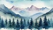 Winter landscape with mountains, in watercolor style, mountains and fir trees in the snow, wide banner