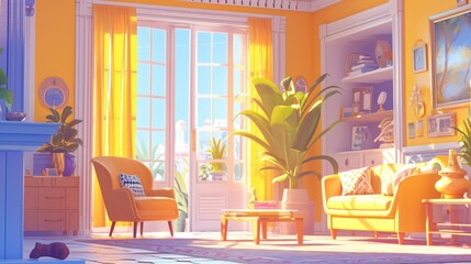 Canvas Print - Imagine a vibrant cartoon style setting featuring an empty room a cozy living room a sleek kitchen or a hotel room boasting a large window flooding sunlight into the space all connected by 