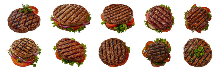 Wall Mural - Grilled burger patties with fresh vegetables cut out png on transparent background