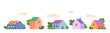 Vector set isolated hand drawn cartoon houses,hills and trees.Countryside buidings in the spring or summer.Green eco town design concepts for banners,real estate,prints,advertising,branding,packaging.