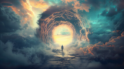 lonely figure in cloudy tunnel, concept of entrance to the afterlife