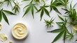CBD, cannabis leaves and medical cream on dark background, natural cosmetic concept, banner, copy space