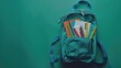 Opened School backpack with stationery on green background. Concept back to school. School supplies.

