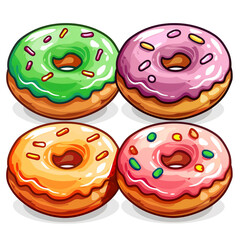 Wall Mural - Colorful pink, chocolate, orange glazed donut set on white background. The view from the top and from the side illustration