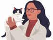 Illustration of a female veterinarian holding a cat, isolated on white.