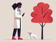 Vector illustration of a veterinarian with a dog near a stylized tree, isolated on white.