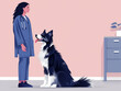 Vector illustration of a female veterinarian standing next to a seated border collie in a clinic setting.