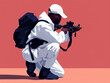An illustration of a videographer in white attire kneeling with a camera.