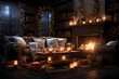 Interior of a cozy living room with a fireplace and Christmas decorations. 3d rendering