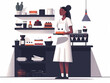 Illustration of a waitress standing by a counter with desserts and coffee equipment.