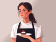 Vector illustration of a waitress holding a plate with dessert, isolated on a white background with a gentle expression.