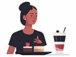 Vector illustration of a waitress holding a tray with cake and a drink, isolated on white.