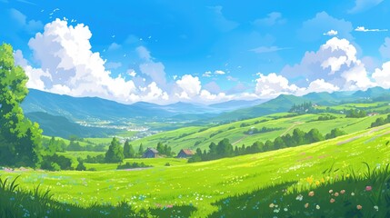 Wall Mural - Experience the tranquil beauty of Serene Fields a vivid 2d illustration depicting a lush cartoon meadow under clear blue skies with rolling hills