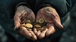 Senior man's hands with coins. Poverty and unemployement concept.

