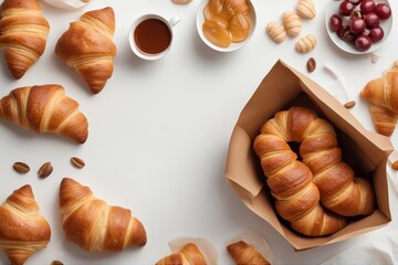 Wall Mural - 'paper bag croissants white background top view space design away baked baker bakery baking blank breakfast brown cook copy craft croissant crust disposable food fresh go epicure grocery healthy'