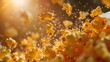 Flying popcorn on a darkened background with glare and rays from the bright sun, golden light. Realistic background with flying exploding popcorn corn kernels, movie snack advertisement