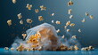 Explosion of air popcorn in a paper bag on a dark blue background with glare and smoke. Realistic background with flying exploding popcorn corn kernels, movie snack advertisement