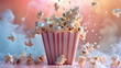 Popcorn in a cardboard red and white striped package on a colorful dynamic background with smoke. Realistic background with flying exploding popcorn cornflakes, movie snack advertisement