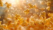 Flying popcorn on a darkened background with glare and rays from the bright sun, golden light. Realistic background with flying exploding popcorn corn kernels, movie snack advertisement