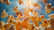 Flying popcorn on a blue background with glare and rays of bright sun, golden light. Realistic background with flying exploding popcorn corn kernels, movie snack advertisement