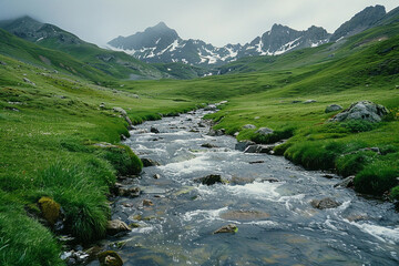 Wall Mural - Pristine mountain stream flowing through a lush green valley