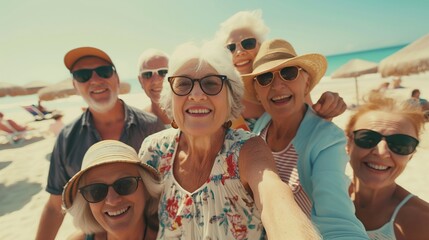 group of smiling senior pensioners having fun at a  beach looking at the camera laughing
