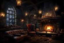 Abandoned Old House With Fireplace In Dark Room. 3D Rendering