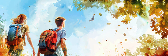 Wall Mural - A couple strolling through green grass in a sunny outdoor setting