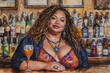 A painting depicting a woman seated at a bar, holding a drink in her hand and engaged in conversation with the bartender