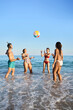 © CarlosBarquero - Vertical group of cheerful young friends in swimwear enjoying leisure time on the shore on the sea, playing with a beach ball under the blue sky. Gen z people having fun in summer vacations