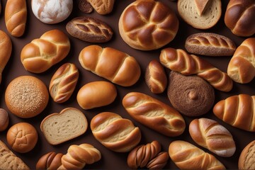 Wall Mural - 'different types bread bun composition food loaf seed traditional assortment background bake baker bakery breakfast brown cereal crust diet dough fiber flour french fresh freshness gold epicure grain'