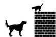 Labrador retriever dog stalks the cat on brick wall vector silhouette illustration isolated on white. Dog barks and wont to catch cat, but he cant reach her because of height. Outdoor pet fun game.