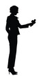 Girl ask public opinion, journalist news TV reporter interview people vector silhouette illustration isolated. Handsome woman presenter lady with microphone breaking news for television video camera.