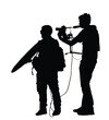 Journalist news reporter interview camera crew vector silhouette illustration isolated. Cameraman with light, sound assistant backup to TV presenter. Journey reporter interview people public opinion.