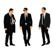 Elegant people, handsome man in suite and tie vector illustration isolated. President protect bodyguard. Secret service crew observing crowd. Agent on duty. Male guard on concert event keeps security.