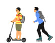 Urban people transportation electric vehicle gadget vector illustration isolated. Man ride electric scooter. Wheel board boy outdoor. Roller man, male friends on street. Fast delivery transport.
