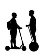 Urban people transportation electric vehicle gadget vector silhouette illustration isolated. Man ride electric scooter. Wheel board boy outdoor. Scooter male friends on street. Fast delivery transport