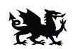 Angry dragon vector silhouette illustration isolated on white background. Wales coat of arms dragon symbol seal, national emblem. Banner COA of Wales. Wild winged beast scary attack.